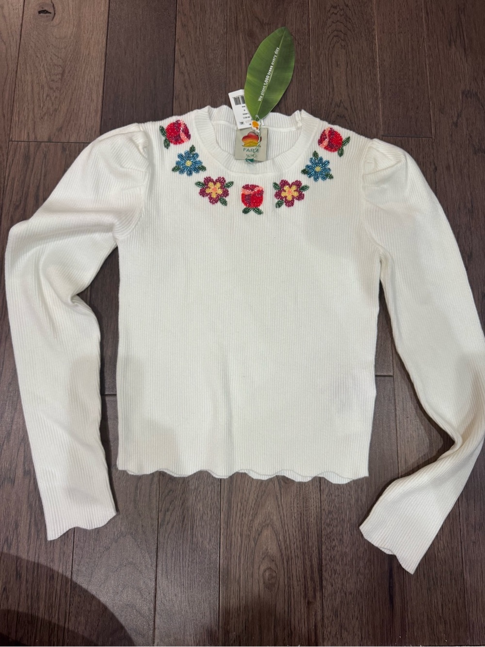 NWT FARM Rio Cream Rib Knit Sweater with Multicolor Beaded Floral Embroidery